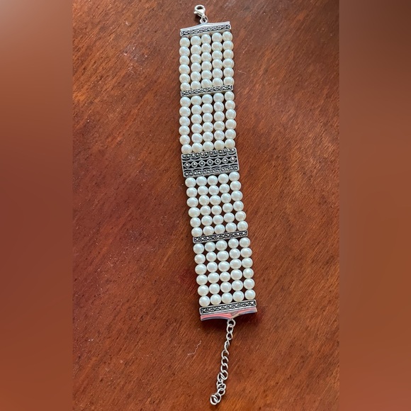 Classic 5 Strand Real White Pearl Bracelet and Sterling Silver 925 & Marcasites - Picture 6 of 12